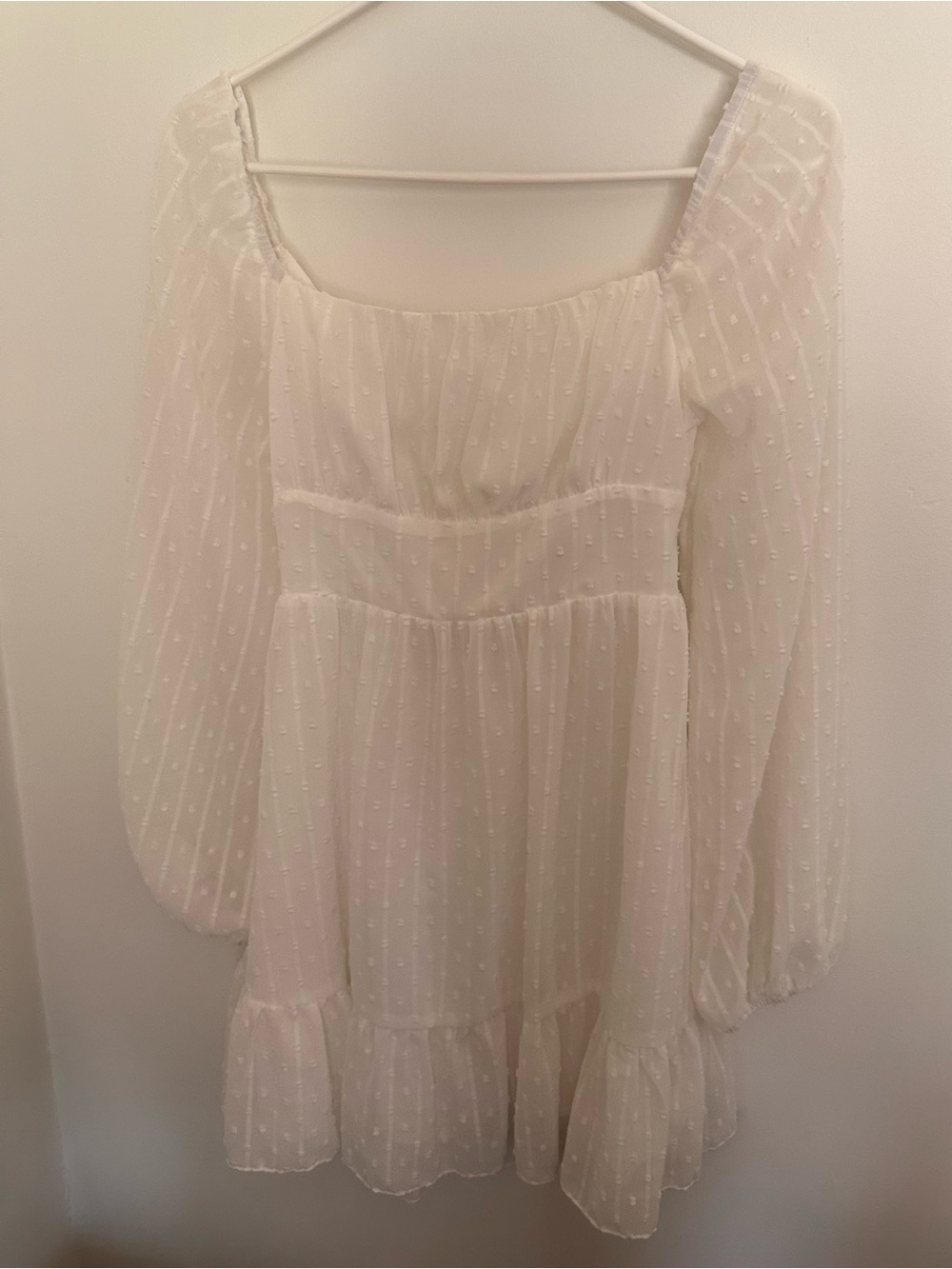 SHEIN Ivory Swiss Dot Square Neck Long Sleeve Mini Dress